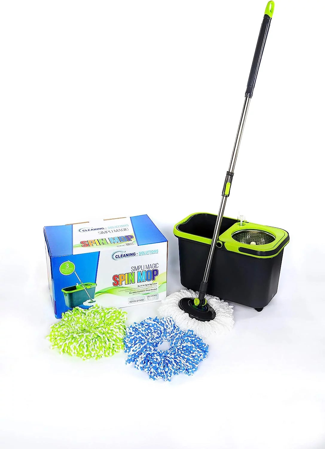 Spin Mop Cleaning Kit with 3 Multi-Color Spin Mop Head Refills, Black/Green