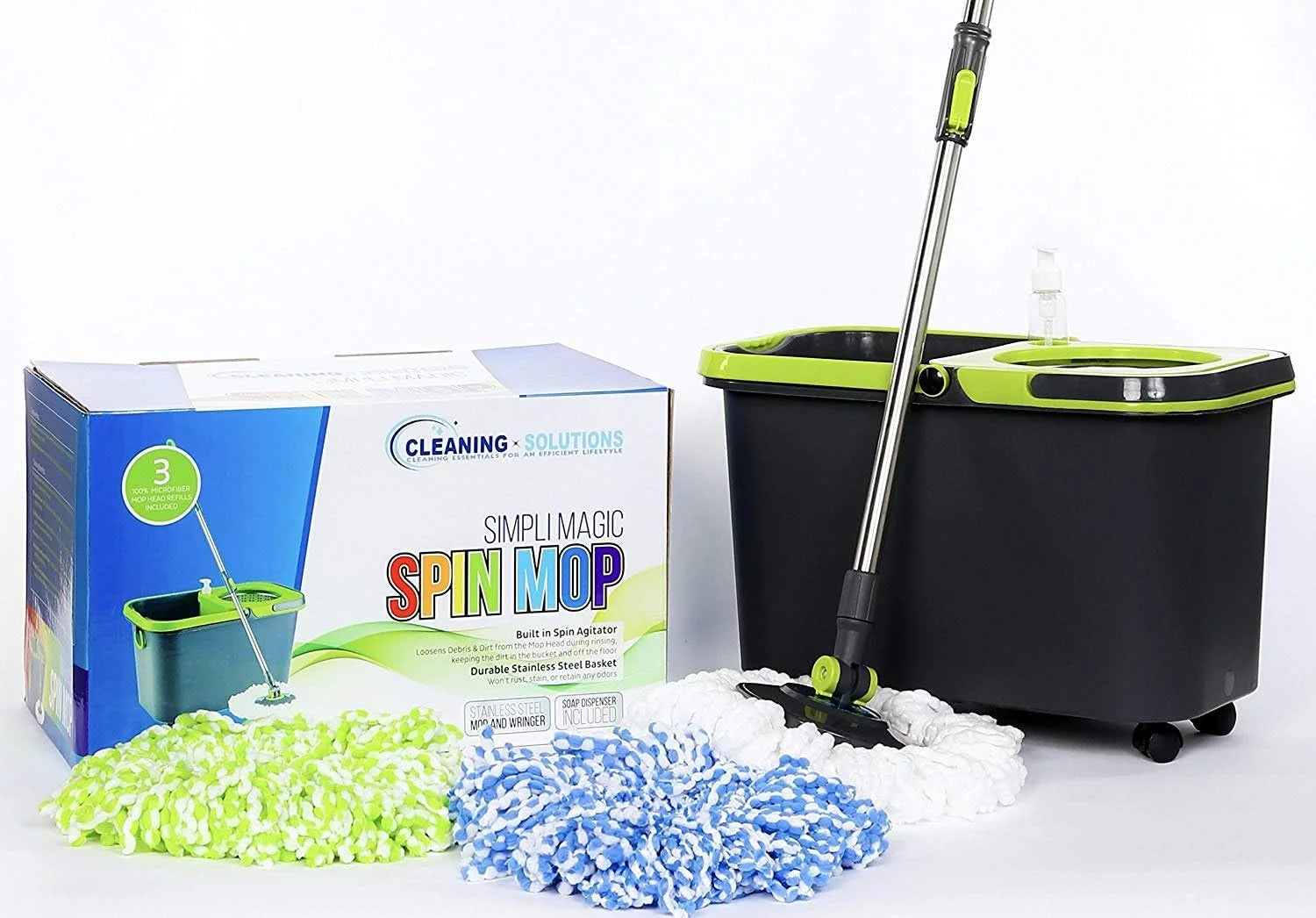 Spin Mop Cleaning Kit with 3 Multi-Color Spin Mop Head Refills, Black/Green