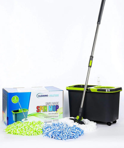 Spin Mop Cleaning Kit with 3 Multi-Color Spin Mop Head Refills, Black/Green