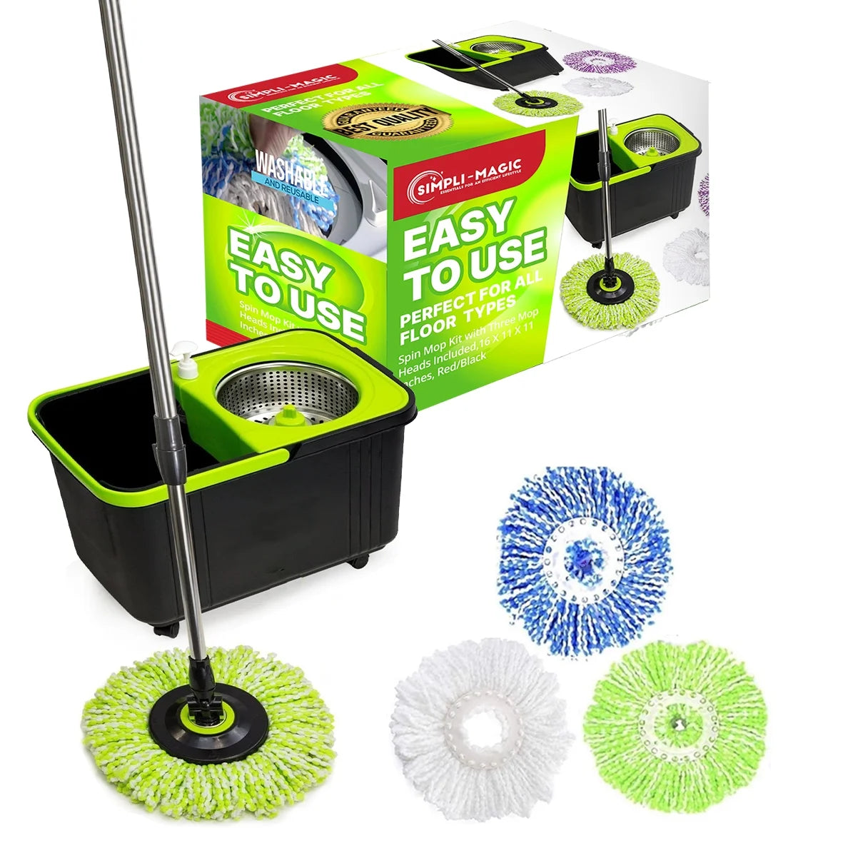 Spin Mop Cleaning Kit with 3 Multi-Color Spin Mop Head Refills, Black/Green