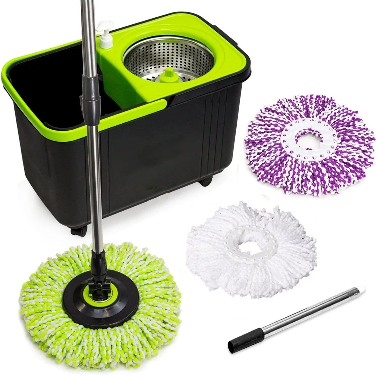 Spin Mop Cleaning Kit with 3 Multi-Color Spin Mop Head Refills, Black/Green